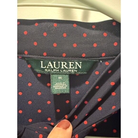 Ralph Lauren Tie-Neck Georgette Top Navy Blue Crimson Swiss Dots Medium Blouse - Picture 5 of 8
